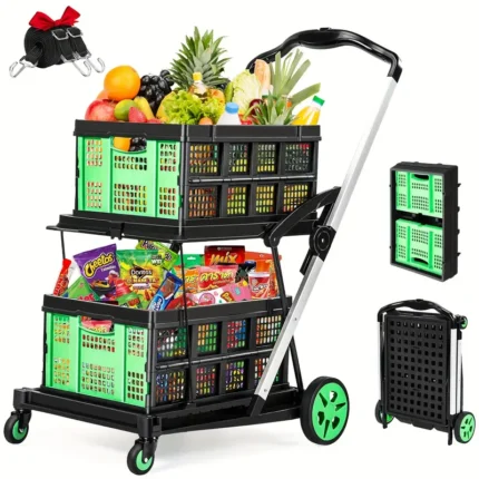 2-Tier Folding Shopping Cart Portable Utility Cart with 1 Storage Box, Rubber Wheels, 198 lbs Weight Capacity, with 360° Swivel Wheels