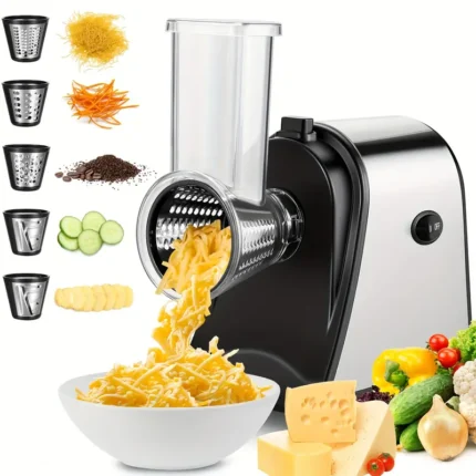 5-in-1 electric vegetable slicer, electric cheese grinder, 250W professional electric vegetable cutter, with 5 conical blades, stainless steel vegetable slicer, multifunctional vegetable shredder.