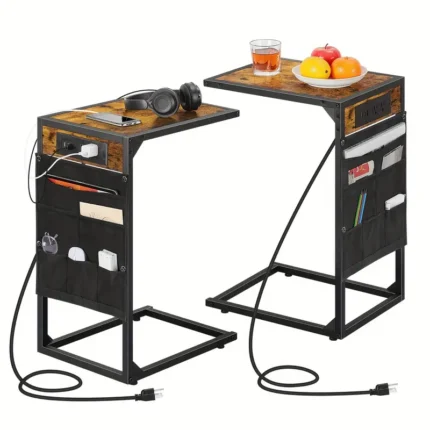 طاولة جانبية شكل C قابلة للنقل، مناسبة للمنزل، غرفة المعيشة، السوفا، غرفة النوم، وهي طاولة متعددة الوظائف مزودة بخيارات محطة شحن وتكييفية تخزين