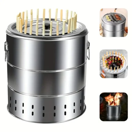 Portable Smokeless Charcoal Barrel Grill, Smoked Grill, Smokeless Fire Pot, Outdoor Stainless Steel Surrounding Grill Skewer Grill, with 28/20 Skewer Racks, Cooking Grid and Drip Tray, Grill Tool Set, Diameter 15.4/13.4 Inches, Christmas Gift, Ideal for Parties, Picnics and Camping